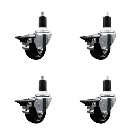 Service Caster 3'' Hard Rubber Swivel 1-1/2'' Expanding Stem Caster Set with Brake, 4PK SCC-EX20S314-HRS-PLB-112-4